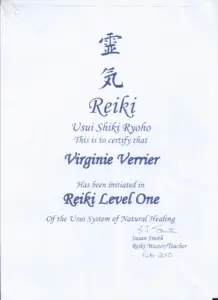 Certificat REiki niveau 1 Virginie Verrier Reiki pause paris