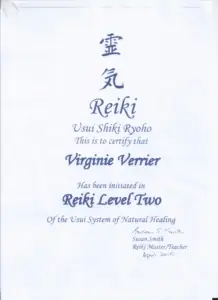 Certificat Reiki niveau 2 Virginie Verrier Reiki pause paris
