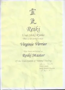 Certificat REiki master Virginie Verrier