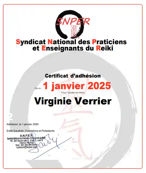 Certificat SNPER 2025 Reiki Pause Paris